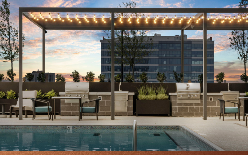 Rooftop Amenity Deck with Pool, Grilling, and Skyline Views of downtown Raleigh
