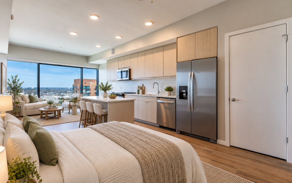 S01 - Studio floorplan layout with 1 bathroom and 566 square feet (Gourmet Designer Kitchen)