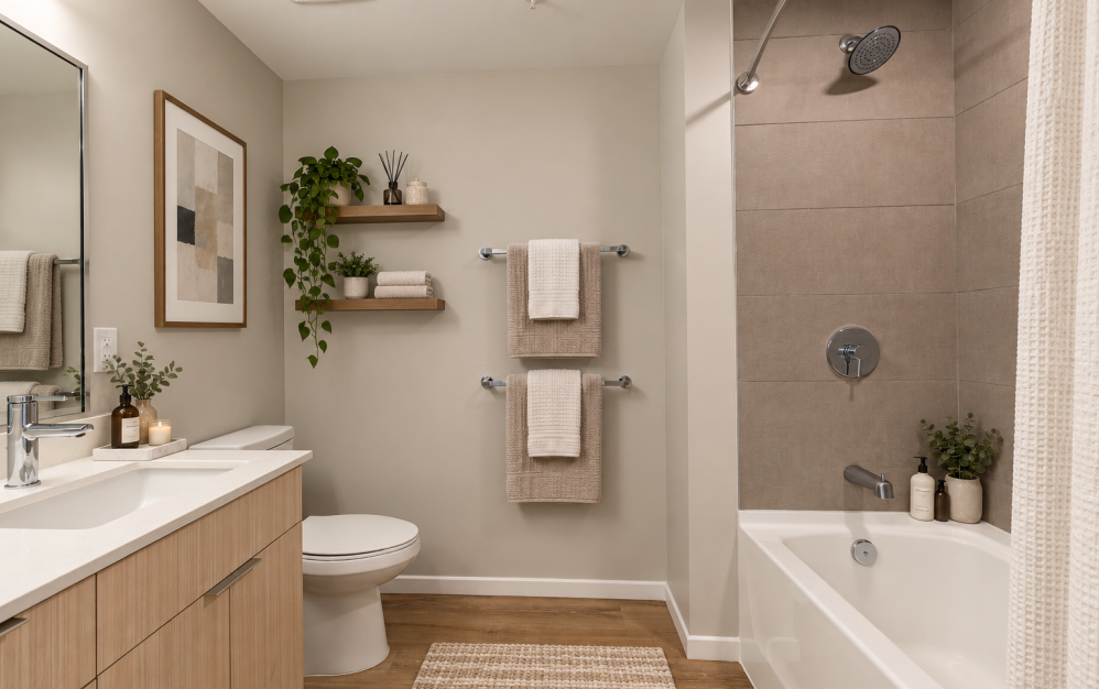 S01 - Studio floorplan layout with 1 bathroom and 566 square feet (Spa-Inspired Bathroom)