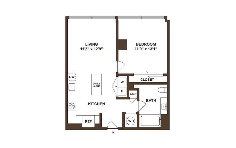 A01 - 1 bedroom floorplan layout with 1 bath and 691 square feet. (2D)