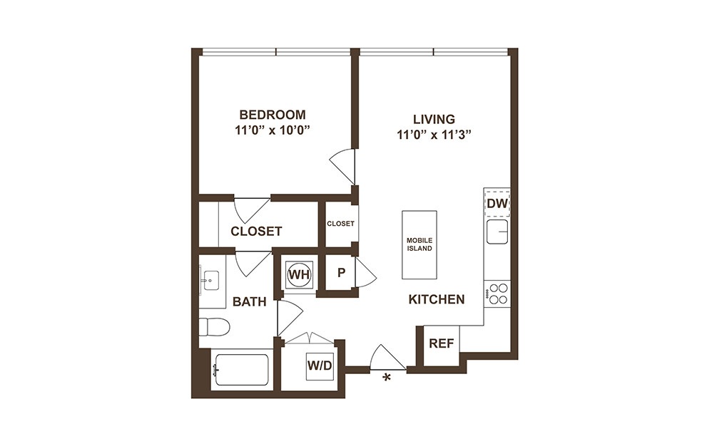 A06 - 1 bedroom floorplan layout with 1 bath and 616 square feet. (2D)