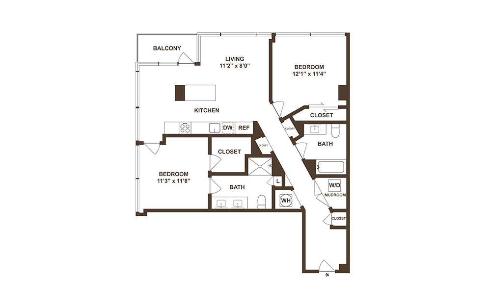 B01 - 2 bedroom floorplan layout with 2 baths and 1066 square feet. (2D)