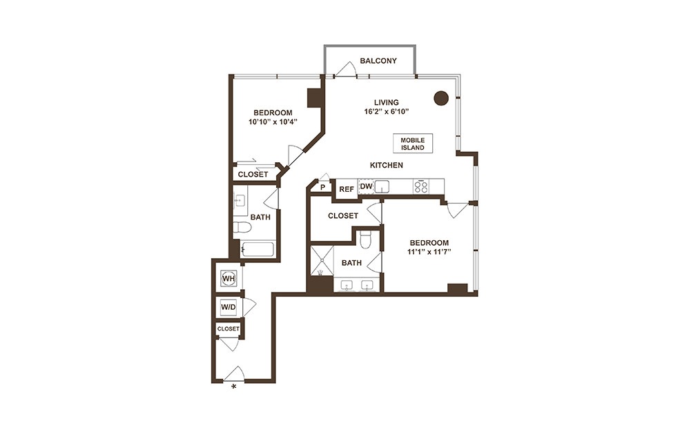 B02 - 2 bedroom floorplan layout with 2 baths and 997 square feet. (2D)