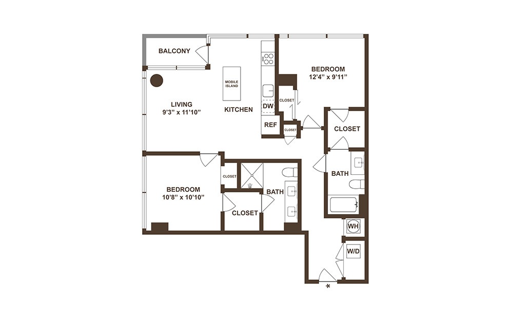 B03 - 2 bedroom floorplan layout with 2 baths and 1039 square feet. (2D)