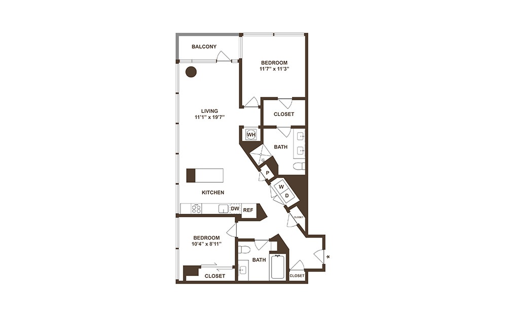 B04 - 2 bedroom floorplan layout with 2 baths and 1089 square feet. (2D)