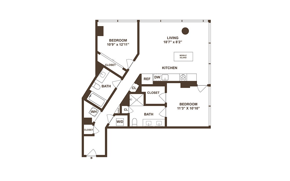 B05 - 2 bedroom floorplan layout with 2 baths and 1034 square feet. (2D)