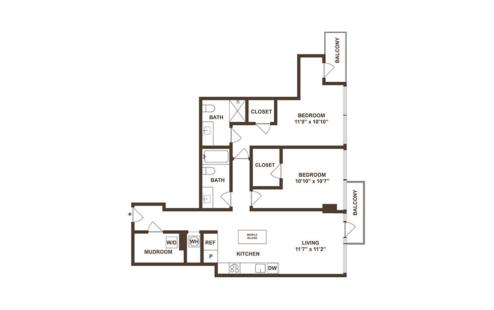 B06 - 2 bedroom floorplan layout with 2 baths and 1098 square feet. (2D)