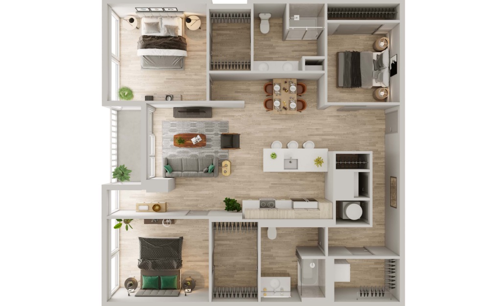 C02 3D floorplan of two bedroom two bath with den. 