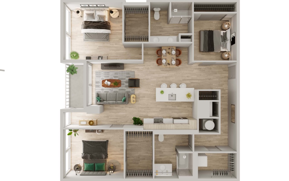 3D floorplan image of the two bedroom two bath floorplan with den. 