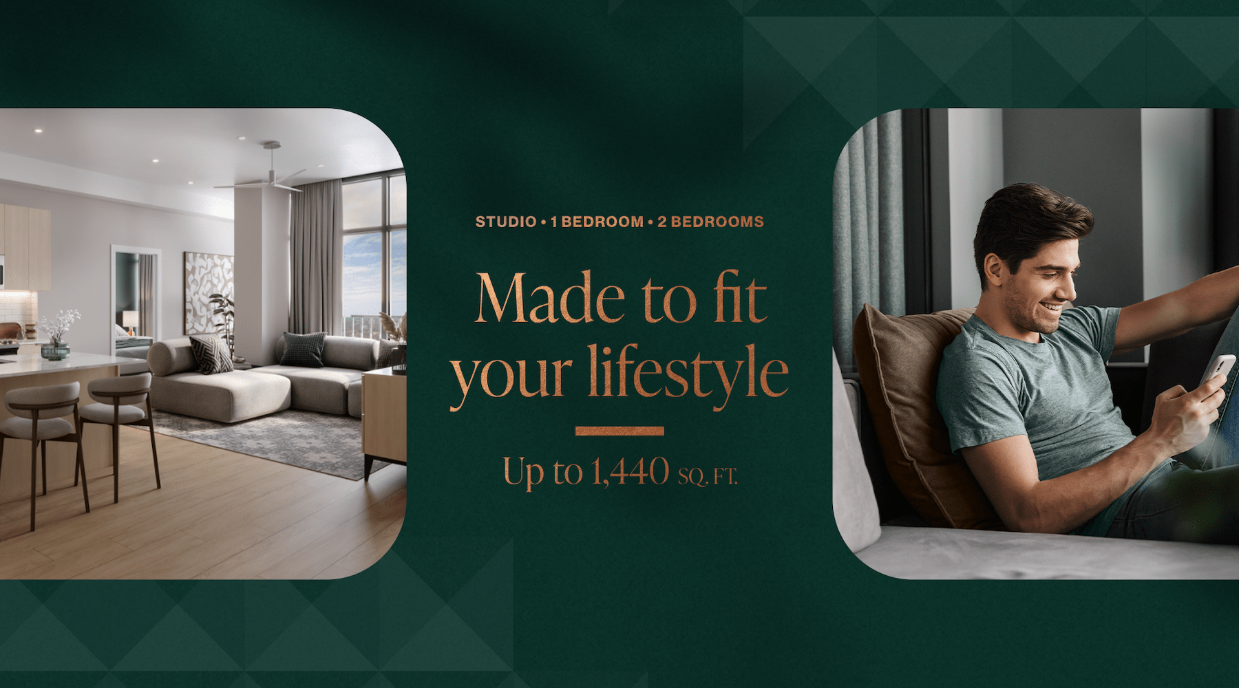 Experience Downtown Living edited image showing property lounge areas, logo and colors