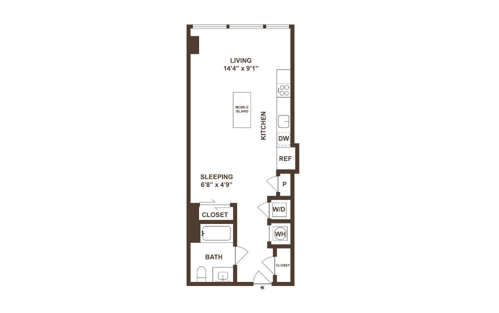 S01 - Studio floorplan layout with 1 bathroom and 566 square feet (Floorplan Dimensions)