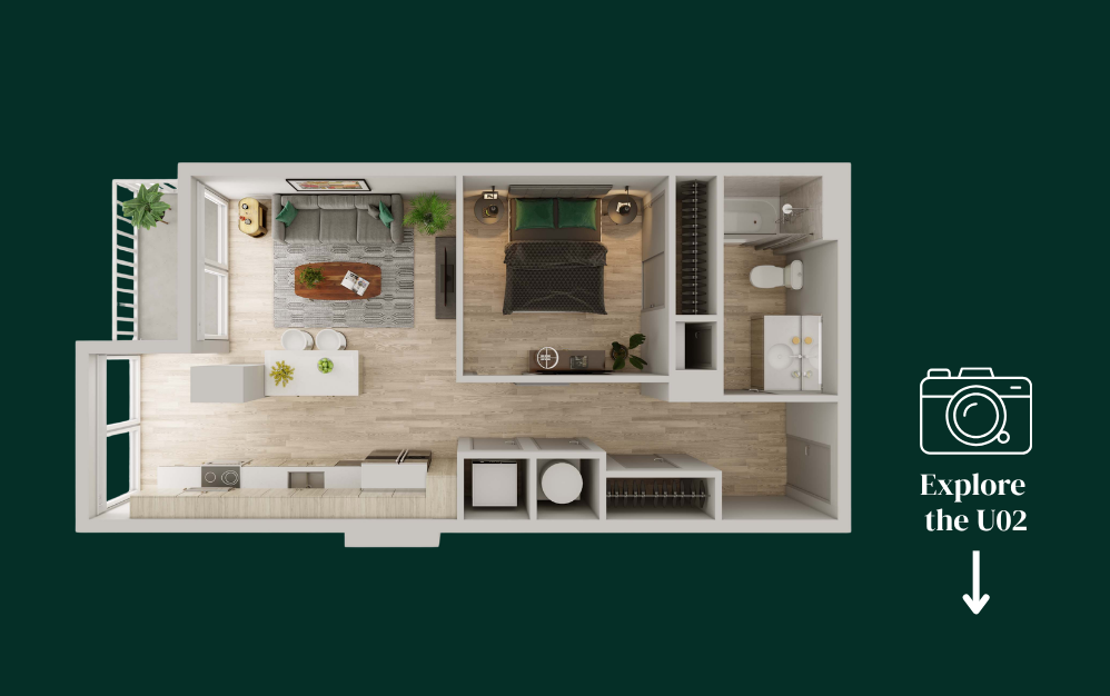 U02 - 1 bedroom floorplan layout with 1 bathroom and 618 square feet (Residence Floorplan)