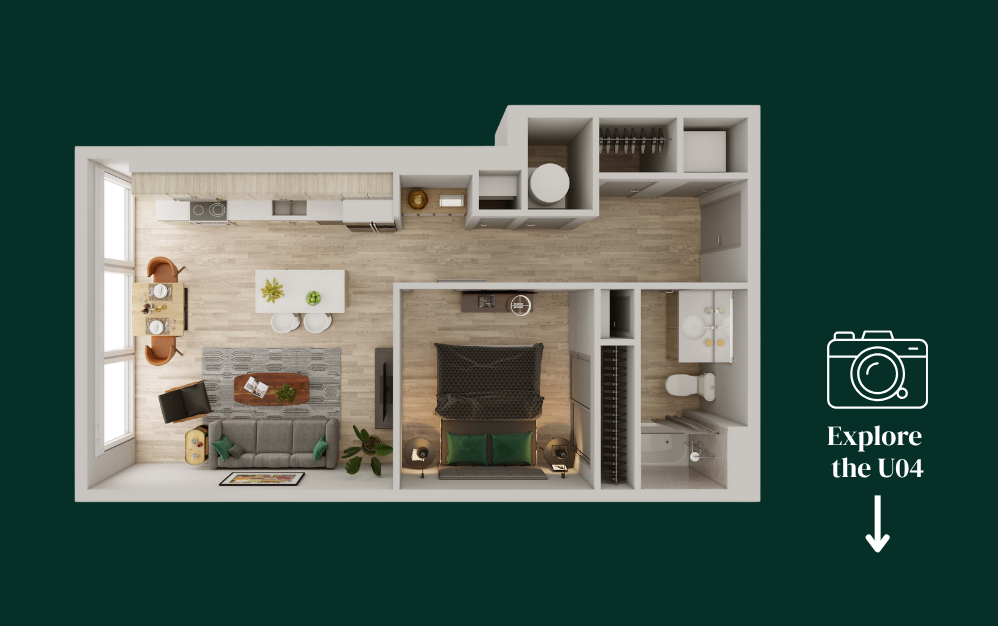 U04 - 1 bedroom floorplan layout with 1 bathroom and 694 square feet (Residence Floorplan)