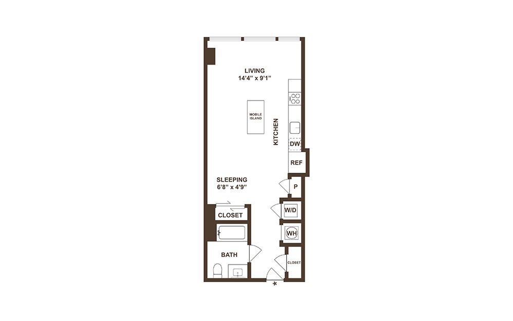S01 - Studio floorplan layout with 1 bath and 566 square feet. (2D)